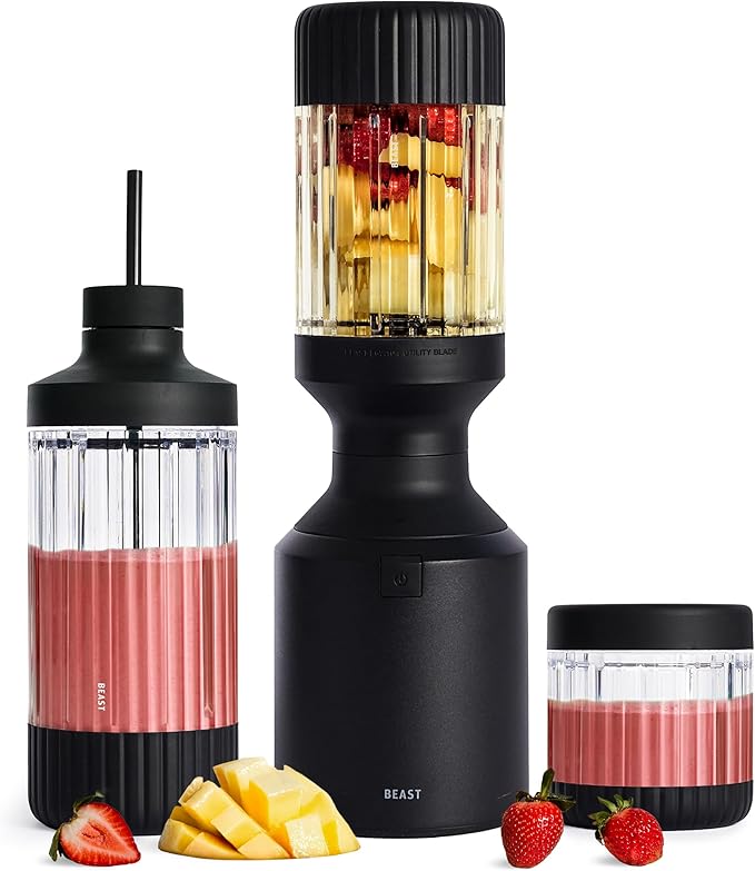 Beast Mega 1200 Plus | Premium Countertop Blender | Smoothies Shakes Sauces Dips Soups | Blends Ice and Frozen Fruit | XL Vessel | With Extra Vessels Straw System | 1200W | (Carbon Black 120V)