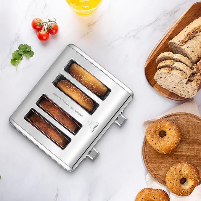 Stainless Steel Toaster CUSIMAX 4 Slice Toaster with Smart LED Display Exart Wide Slots 6 Shade Settings 1650 Watts Bagel and Defrost Fuction Cancel Button Removable Crumb Trays