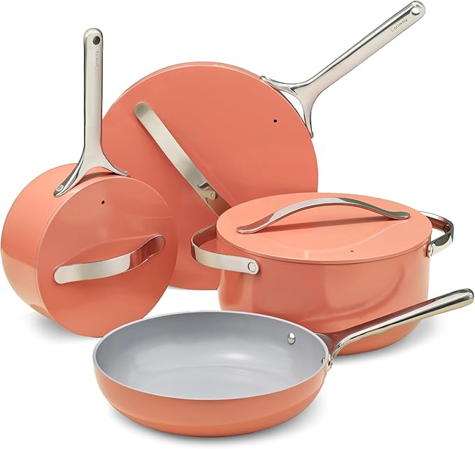 Caraway Non-stick Ceramic Cookware Set (12 Piece) Pots Pans Lids and Kitchen Storage - PFAS &amp PFOA Free - Oven Safe Pan Set &amp Compatible with All Stovetops - Perracotta