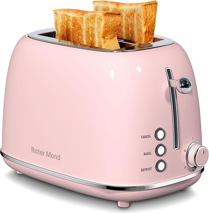 Roter Mond 2 Slice Toaster Retro Stainless Steel with Bagel Cancel and Defrost Functions 6 Bread Shade Settings Extra Wide Slots and Removable Crumb Tray Pink