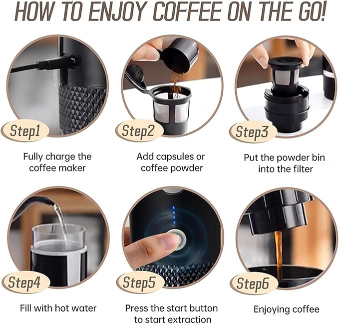 Portable Coffee Maker USB Rechargeable 15 Bar Espresso Machine with Built in 1200mAh Battery for Ground Coffee and Pods Travel Camping Office