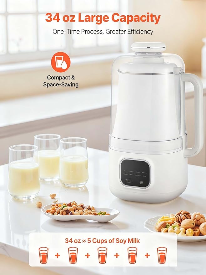8-in-1 Nut Milk Maker 34oz Soy Milk Machine - Oat Almond Rice Milk Smoothie Juice Boil Water Self-Clean 12-Hour Delay Quiet Operation