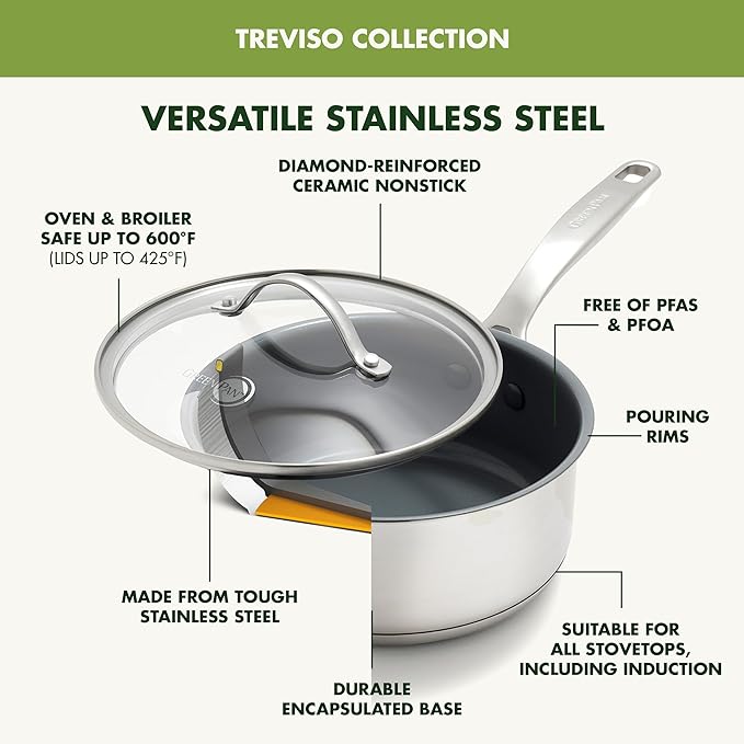 GreenPan Stainless Steel Treviso 2.1QT Saucepan with Lid Healthy Ceramic Nonstick PFOA-Free PFAS-Free Induction Dishwasher Safe Oven Safe Even Heating Silver