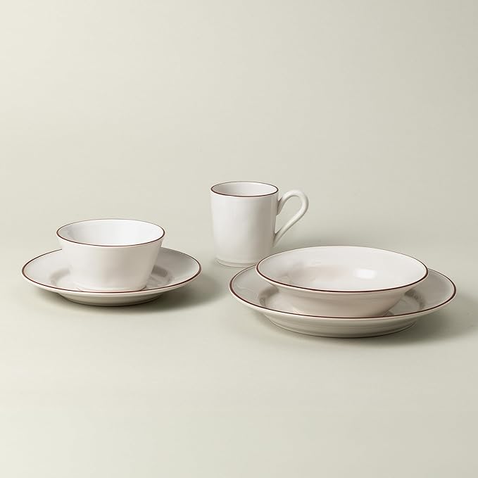 Costa Nova Ceramic Stoneware 5-Piece Place Setting Service for 1 - Beja Collection White &amp Red | Microwave &amp Dishwasher Safe Dinnerware Set | Food Safe Glazing | Restaurant Quality Tableware
