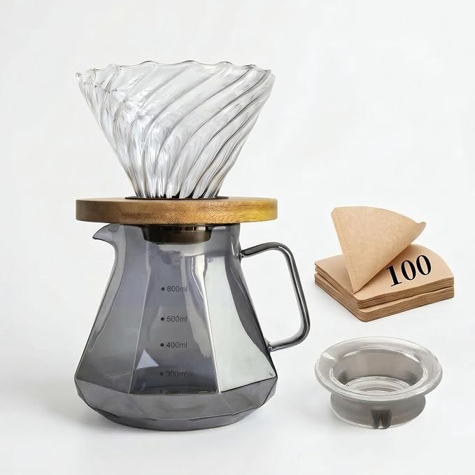 V60 Pour Over Coffee Maker Set with 100 Paper Filters Glass Dripper and 20 oz Carafe Manual Drip Coffee Brewer with Bamboo Base for Home or Office Barista Style Pour Over Kit