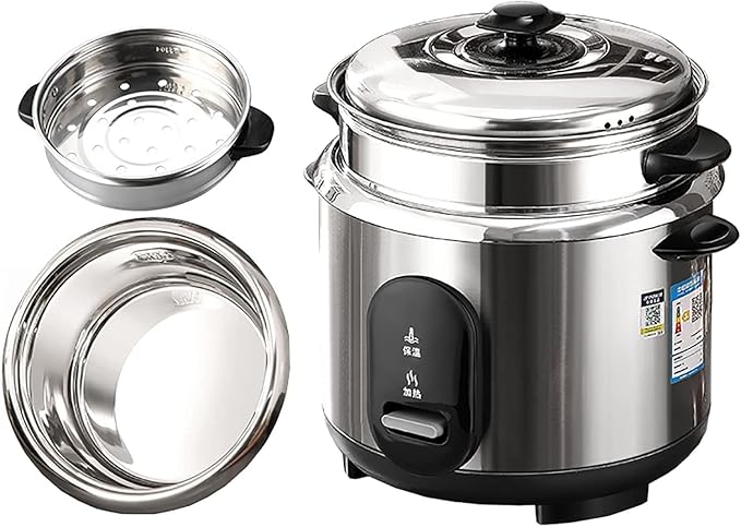 Rice Cooker with Steamer 304 Stainless Steel Inner Pot Intelligent Insulation Make Rice &amp Steam Healthy Food &amp Vegetables (2L) ()