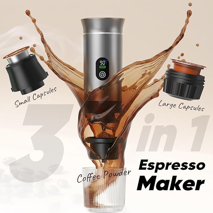 Portable 3-in-1 Espresso Coffee Maker Self-Heating &amp Rechargeable with Smart Display — Works with Ground Coffee Small &amp Large Capsules Travel &amp Camping Mini Machine 20-Bar Extraction