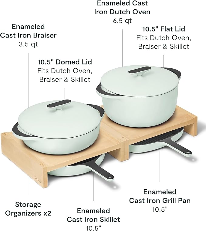 Caraway 8-Piece Enameled Cast Iron Set - 10.5” Skillet Grill Pan 3.5 qt Braiser Pan 6.5 qt Dutch Oven with Lid and Organizers - Non-Toxic 3-Layer Enamel Coating - No Seasoning Required - Light Mist