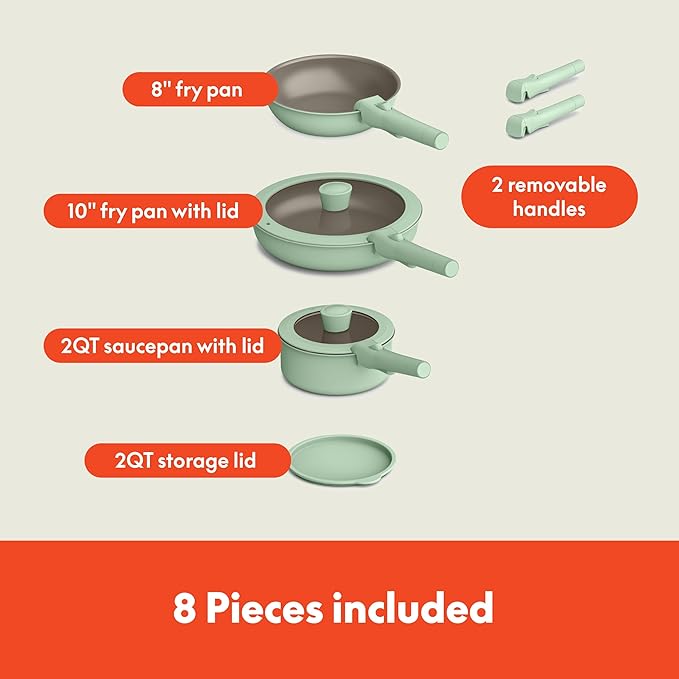 bella 8 Piece Removable Handle Cookware Set Fits-anywhere™ Kitchenware w EverGood™ Ceramic Nonstick Coating Dishwasher &amp Oven Safe All Stovetops Compatible Glass Lids with Silicone Rims Seag