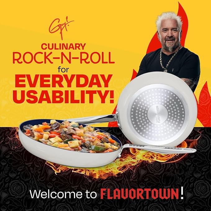 Guy Fieri's Flavortown 2-Piece Ceramic Cookware Set Nonstick Frying Pan Set 10 and 12 Easy-Clean Kitchen Cookware Made without PFAS PTFE PFOA Induction Compatible Dishwasher Safe Blue &amp Wh