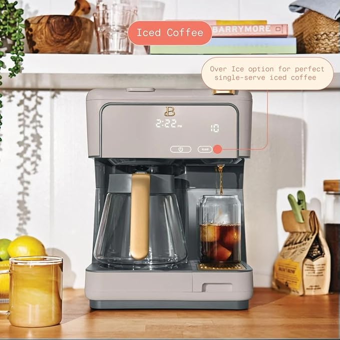 Multi-Brew Coffee Maker – 12-Cup Carafe &amp Single-Serve Pod or Grounds Iced Coffee Mode Programmable Touch Display Includes Filters (PORCINI TAUPE)