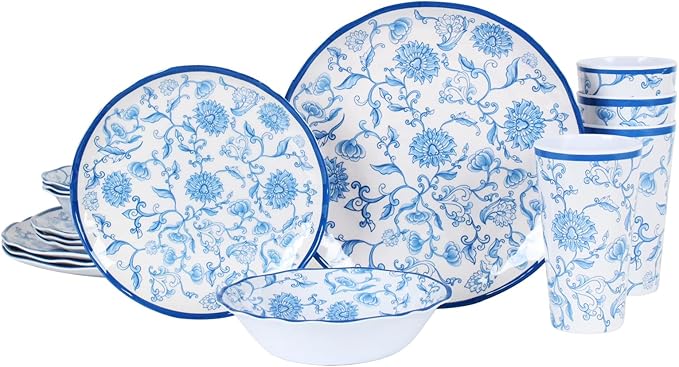 Melamine Dinnerware Set for 4-16 Pcs:Camping Dishes Set with Dinner PlatesSalad PlatesCups and Bowls.Lightweight and Unbreakable.Indoor and Outdoor Use.