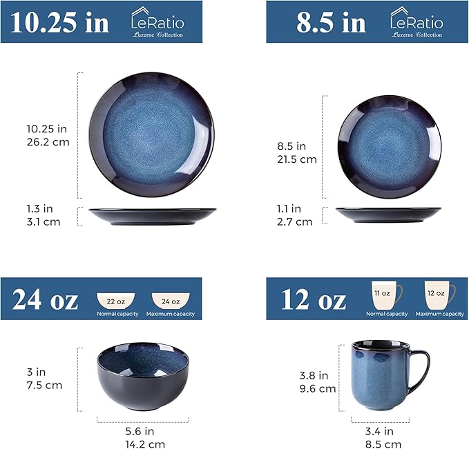 LERATIO Ceramic Dinnerware Sets for 416-Piece Reactive Glaze Plates and Bowls Set with MugsHighly Chip and Crack Resistant | DishwasherMicrowave &amp Oven Safe Dishes set-Blue