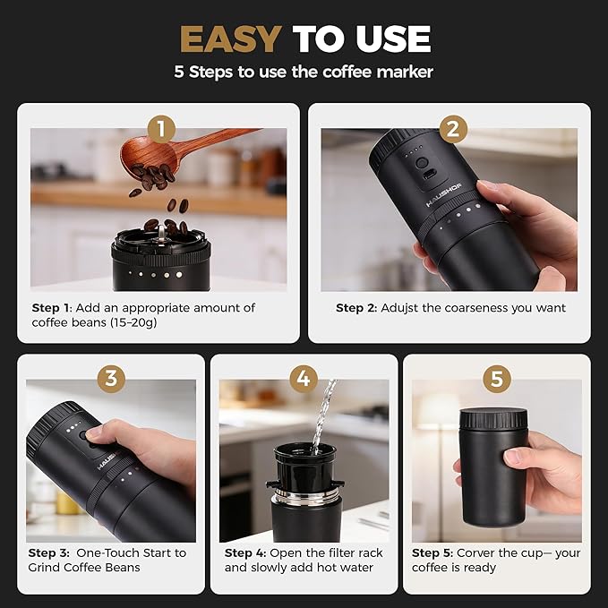 HAUSHOF Portable Coffee Maker Camping Coffee Makers Travel Mini Coffee Maker Portable Travel Coffee Maker with Grinder Personal Cordless Travel Coffee Maker for Car Camping and Home