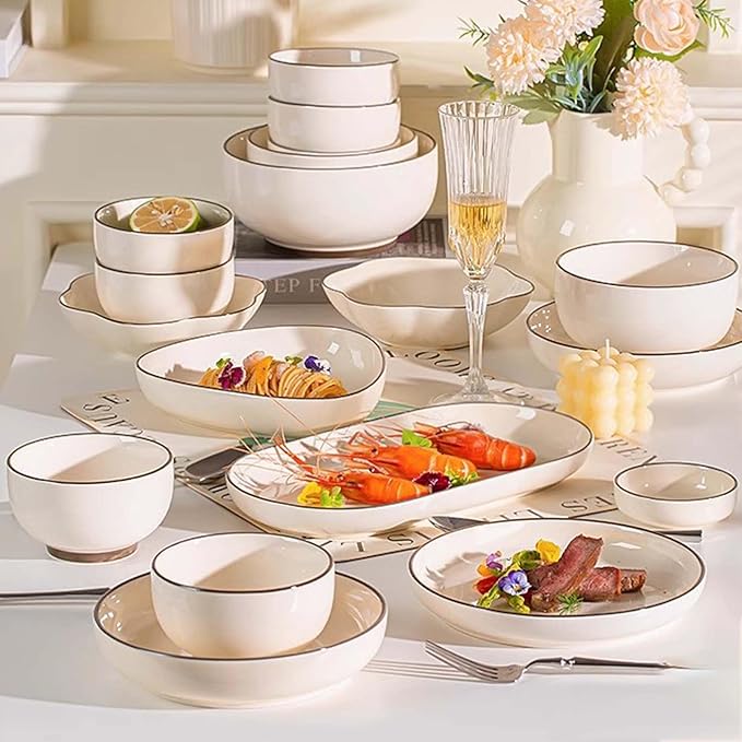 Porcelain Dinnerware Set Plates Bowls Cups Dishes Tableware Combination Everyday Use Dinner Plates Soup Bowls Salad Plates Elegant Style Microwave Dishwasher Oven Safe