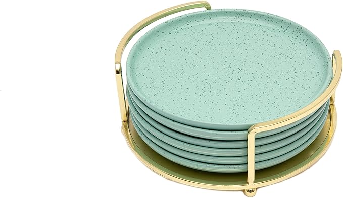 Thirstystone Dinnerware Plates &amp Iron Caddy for Carrying Assorted Speckled Designs Made from Ceramic Set of 6 - Mohave Mint