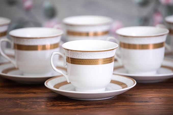 48 Piece Gorgeous Dinnerware Sets for 8 – Porcelain Plates Cups Saucers and Bowls – Elegant Rope Gold Design Dishware – Dish Set for Kitchen Table Formal Dining or Everyday Use (Rope Gold)