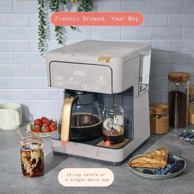 Multi Brew Coffee Maker with Single Serve and Carafe Brewing Options for Countertop Home Use (Porcini Taupe)