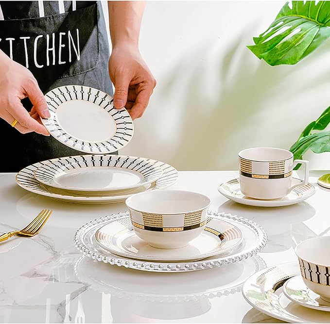 bone china dinnerware set tableware set 24-piece dish set for 6 dinner plate set cups and plates sets for kitchen round plates dishwasher safe kitchen dishes set for housewarmingpartydinner