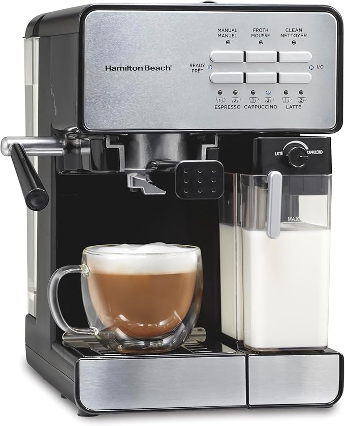 Hamilton Beach Slide and Lock Espresso Machine Programmable Coffee Maker for Café-Quality Cappuccino &amp Latte 15 Bar Pump Milk Frother Steamer Wand 70 oz. Removable Reservoir Black (40750)