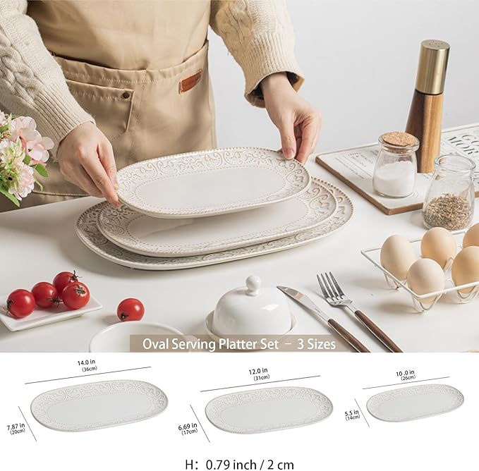 Serving Platters Set 14/12/10 Oval Ceramic Serving Plates Embossed Serving Trays for Party Oven Dishwasher Safe Vintage White Serving Dishes for Entertaining Appetizers Pasta Sushi