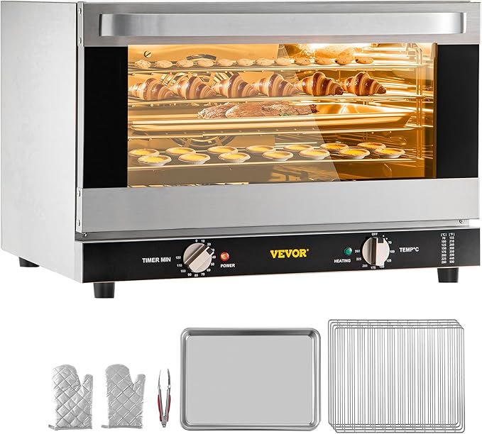 VEVOR Commercial Convection Oven 47L/43Qt Half-Size Conventional Oven Countertop 1600W 4-Tier Toaster w/Front Glass Door Electric Baking Oven w/Trays Wire Racks Clip Gloves 120V