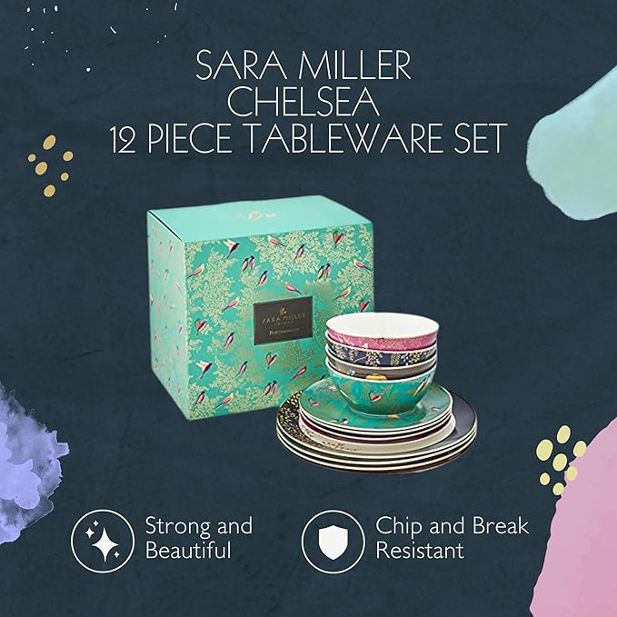 Sara Miller London Chelsea 12 Piece Dinnerware Set - Fine China Plates &amp Bowls Featuring Vibrant Birds &amp Floral Art for Afternoon Tea or Dining - Elegant Gift Box with Full Place Settings