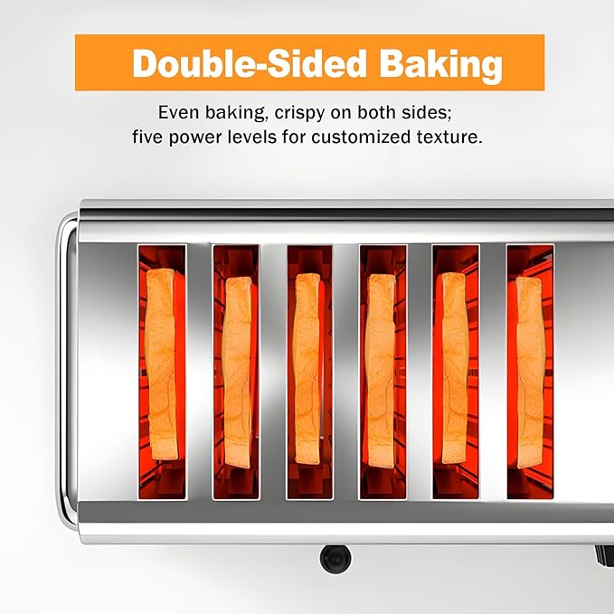 Professional-Grade 6-Slice Stainless Steel Toaster Commercial-Grade Extra-Wide Slot with Crumb Tray Even Heating to Ensure Even Cooking. Suitable for Home Kitchens Restaurants and Bakeries.