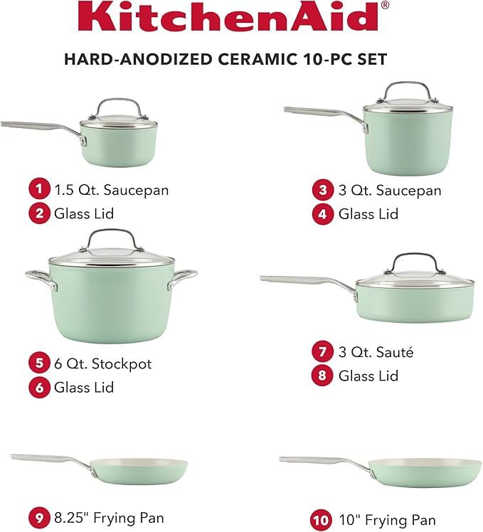 KitchenAid Hard Anodized Ceramic Nonstick Cookware/Pots and Pans Set 10 Piece - Pistachio