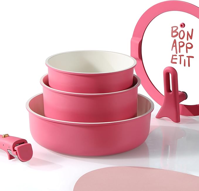 CAROTE 18Pcs Ceramic Cookware Set with Detachable Handle Pots and Pans Set Non Stick Non Toxic Kitchen Cooking Sets with Stand-Up Lid PFAS and PFOA Free Oven Safe Induction Ready Pink