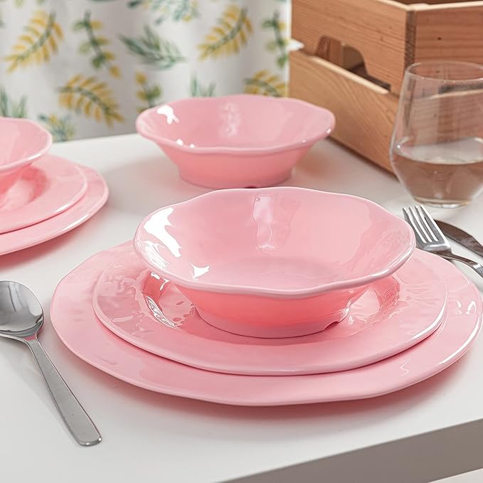 LEHAHA Pink Dishes Melamine Dinnerware Sets 12 Piece Kitchen Plates and Bowls Dinnerware Sets Lightweight BPA free Melamine Dishes for Girls Valentine's Day Mother's Day.