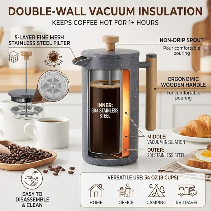 French Press Coffee Maker 34 Oz Stainless Steel 1 Liter French Press Double-Walled Thermal Insulation for Heat Retention Fine Mesh Filter for Smooth Brew with Ergonomic Handle
