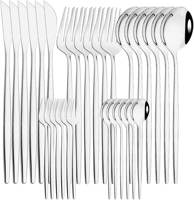 pureza 30Pcs Stainless Steel Black Gold Dinnerware Set - Cutlery Set For Kitchen &amp Dining Table(Silver)
