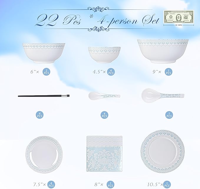 Fine Bone China Dinnerware SetPorcelain&ampCeramic Dinnerware SetsBone Stoneware &amp Ceramic Cookware Tableware Set Includes Dinner Plates|Spoons|Pasta Bowls|Soup Pot|Chopsticks (22PCS * 4-Person