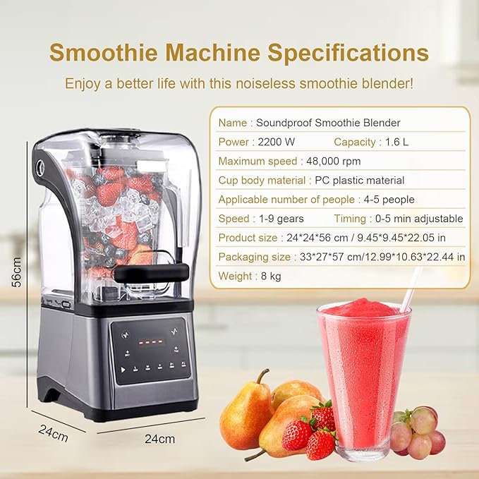 Commercial Smoothie Blender With Digital Display | 2200W Fast Blending Blender For Crushing Ice 1.6 L Cup + Sound Enclosure For Smoothies Ice Crushing Cocktail Nut Butter