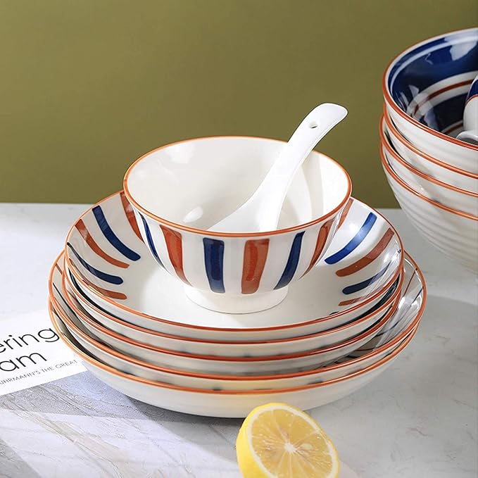 Kitchen Tableware SetCeramics Dinner Sets Retro Annual Ring Porcelain Dinnerware Set of 24 Japanese-Style Cereal Bowl and Steak Plate Set for Family Gathering