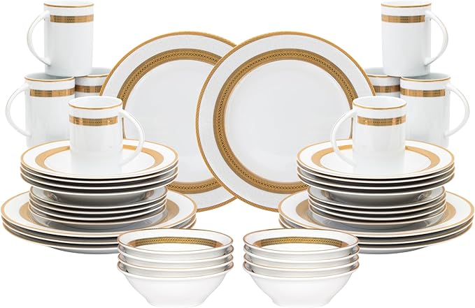 40 Piece Luxurious Dinnerware Sets for 8 – Includes Plates Mugs Bowls – White and Gold Rope Design Dish Set for Kitchen Table Everyday Dining or Formal Use (Rope Gold)