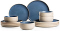 12 Pieces Dinnerware SetsPlates and Bowls SetsHandmade Reactive Glaze Dishes Set for 4 with at Least 10% Recycled Ceramic and the Raw Texture of the Clay (Reactive-Blue)