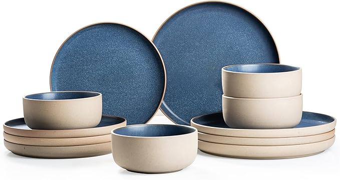 12 Pieces Dinnerware SetsPlates and Bowls SetsHandmade Reactive Glaze Dishes Set for 4 with at Least 10% Recycled Ceramic and the Raw Texture of the Clay (Reactive-Blue)