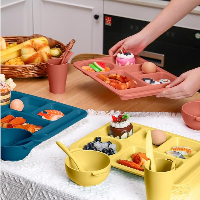 Bokon 24 Pcs Divided Plate for Adult Wheat Straw Lunch cutlery Set Toddler Dinnerware Microwave Safe Picnic School(Classic Color)