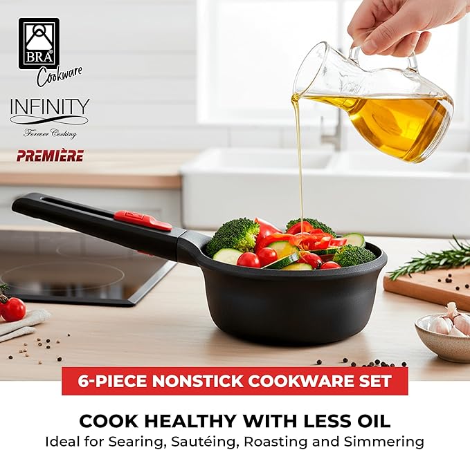 BRA COOKWARE Premiere &amp Infinity 6-Piece Nonstick Cookware Set | Cast Aluminum Pots &amp Pans Set w/ 1 Dual Skillet 1 Pot 1 Saucepan 2 Lids | 3-Layer NonStick | All Stovetops | PFOA Free