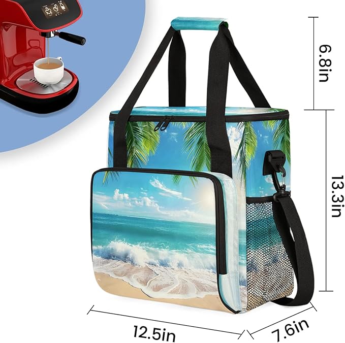 Palm Tree Coastal Beach Travel Coffee Maker Carrying Bag Large Organizer Storage Tote Bag Insulated Reusable Cooler Grocery Bags