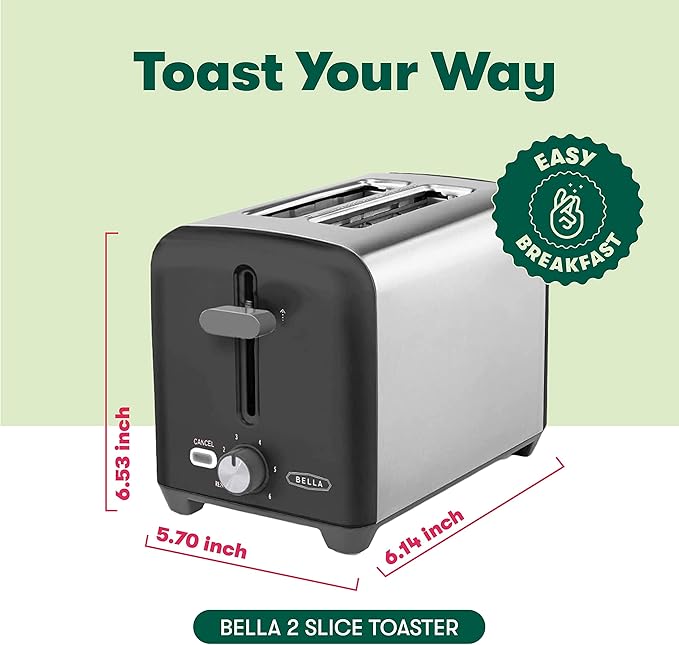 bella 2 Slice Toaster Quick &amp Even Results Every Time Wide Slots Fit Any Size Bread Like Bagels or Texas Toast Drop-Down Crumb Tray for Easy Clean Up Stainless Steel and Black