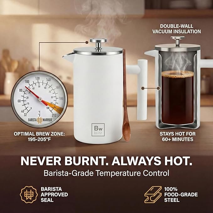 Barista Warrior French Press Coffee Maker Stainless Steel with Built-In Thermometer - Insulated Double Wall Design Dual Filter System Stay-Cool Handle &amp Wood Spoon - White