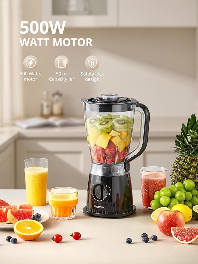 Reemix Blender 50oz Countertop Blender - 2 Adjustable Speeds + Pulse Dual Safety Locks Dishwasher-Safe Pitcher for Smoothies Crushing Ice &amp Family Meals