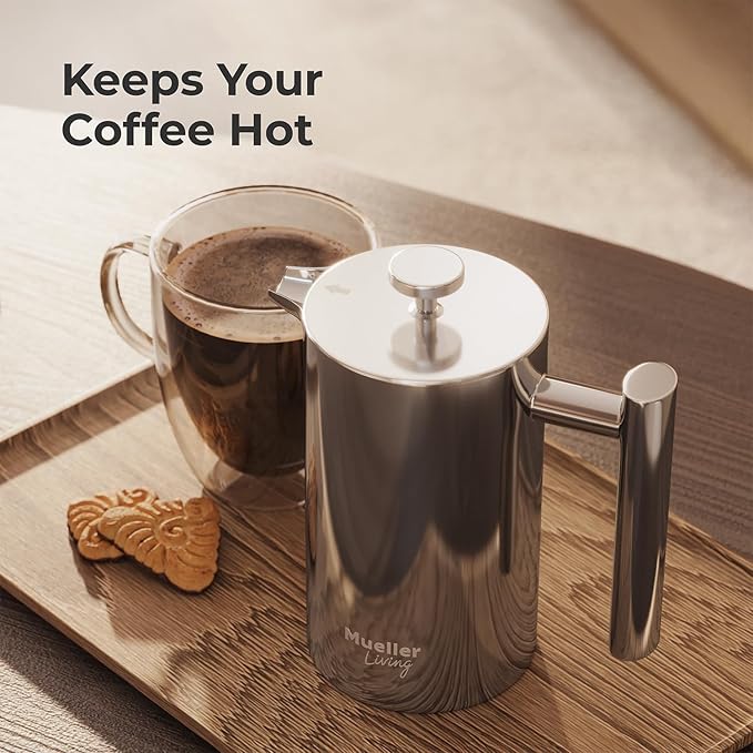 MuellerLiving French Press Coffee Maker 20oz Stainless Steel French Press Coffee 4 Filter Heat Resistant Double Insulated Rust-Free Food Grade Dishwasher Safe Coffee Pot
