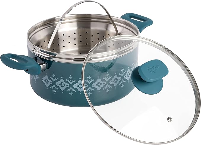 Spice by Tia Mowry Savory Saffron 5 QT Healthy Nonstick Ceramic Dutch Oven W/ Stainless Steel Steamer Insert and Lid - Teal