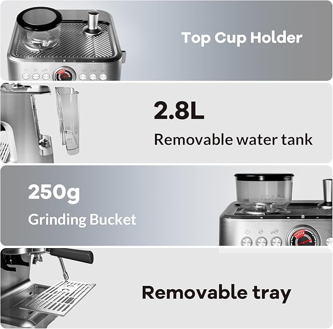 GAOMON Espresso Machine with Grinder 20 Bar Semi-Automatic Coffee Maker PID Control Milk Frother Steam Wand 95Oz Water Tank Easy Use for Espresso Latte Cappuccino Silver