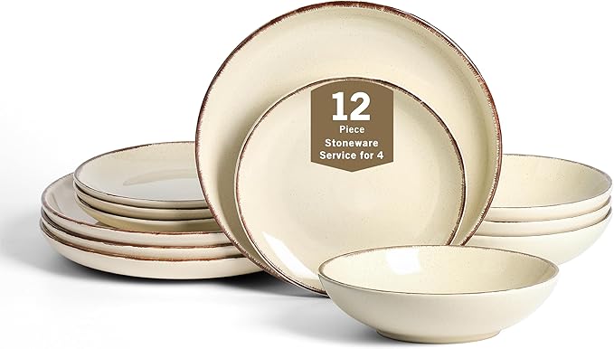 Earth and Clay Heath 12-Piece Dinnerware Set Stoneware Plates and Bowls Set Dishwasher and Microwave Safe Dish Set for 4 Coffee