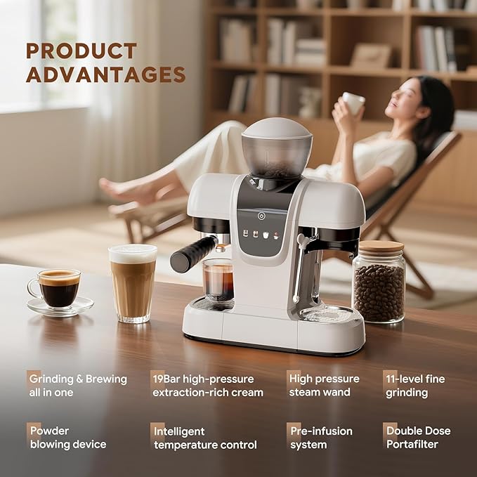 20 Bar Espresso Machine with Grinder &amp Steam Wand - Semi Automatic Coffee Maker NTC Intelligent Temp Control 58mm Stainless Steel Portafilter One-Touch Panel for Home Barista (Removable Water T